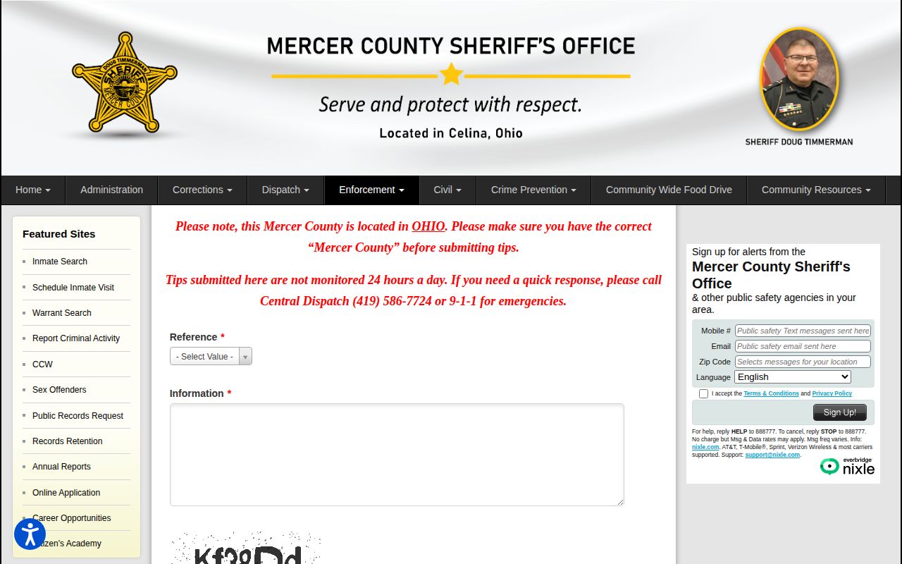 Mercer County warrant tip form and reporting notice